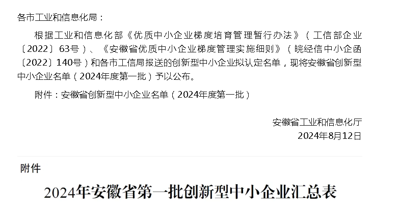 恭賀安徽17C吃瓜网閥門集團(tuán)有限公司入選安徽省(shěng)2024年創新(xīn)型中小企業(圖1) 恭賀安徽(huī)17C吃瓜网閥門集團有(yǒu)限公司入選(xuǎn)安(ān)徽(huī)省2024年創(chuàng)新型中小企業(yè)(圖1)